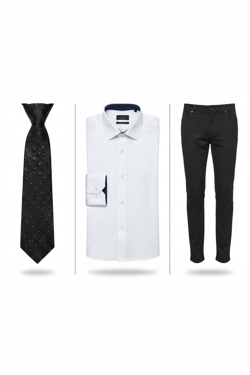 Black dotted tie, white Verso Ceremony shirt and black pants combo - full length flat lay