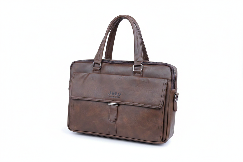 Jeep Brand Men's Brown Leather Briefcase - white background