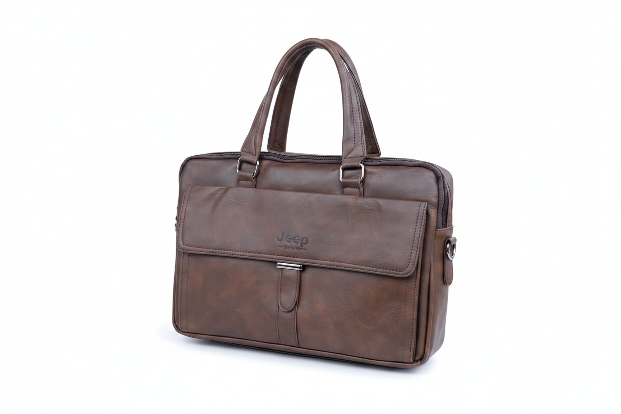 Jeep Brand Men's Brown Leather Briefcase - white background
