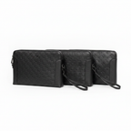 Three men's black embossed leather clutch bags on white background