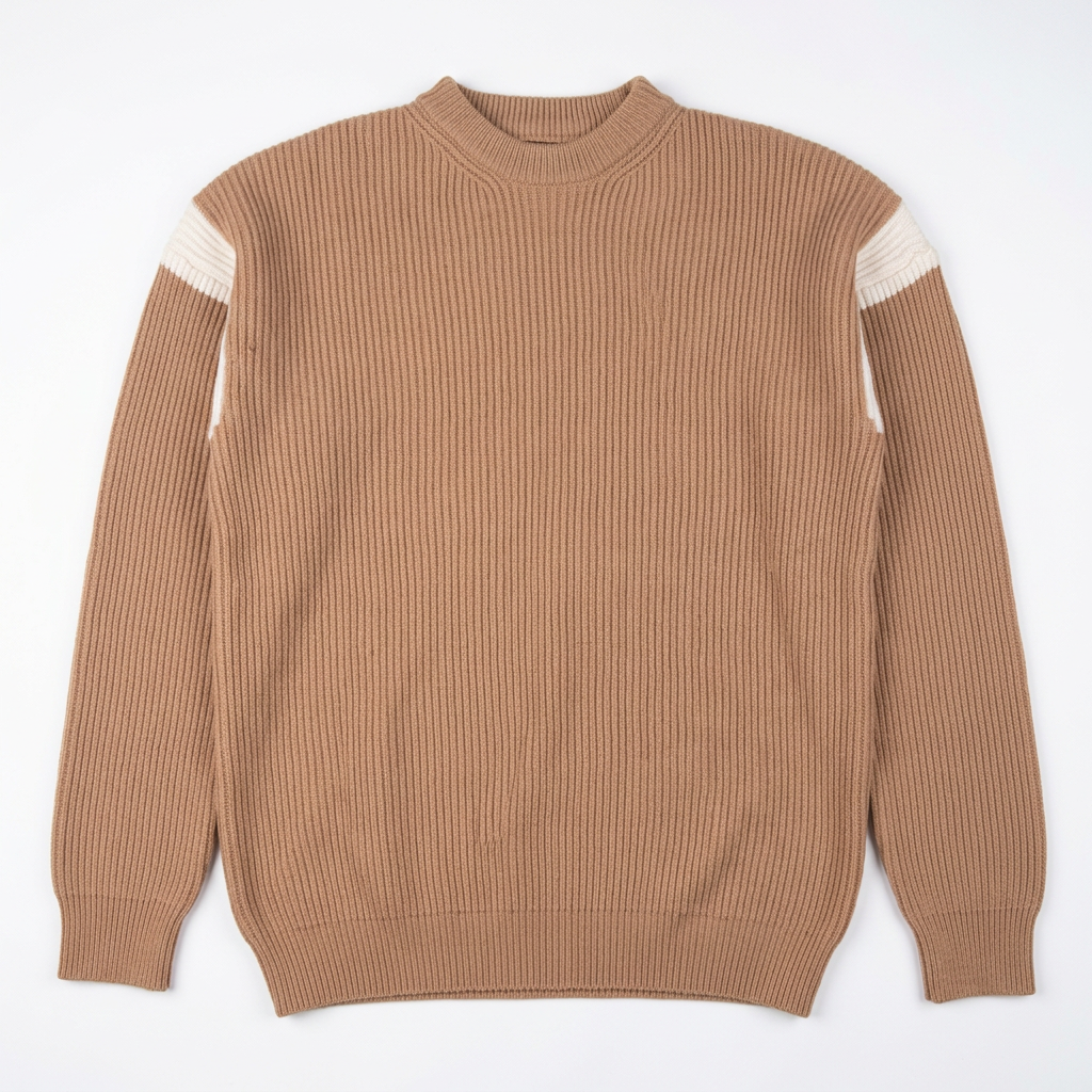 Taupe ribbed crew-neck sweater with white sleeve stripes on white background