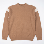 Taupe ribbed crew-neck sweater with white sleeve stripes on white background