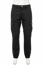 Men's black cargo pants on mannequin - white background