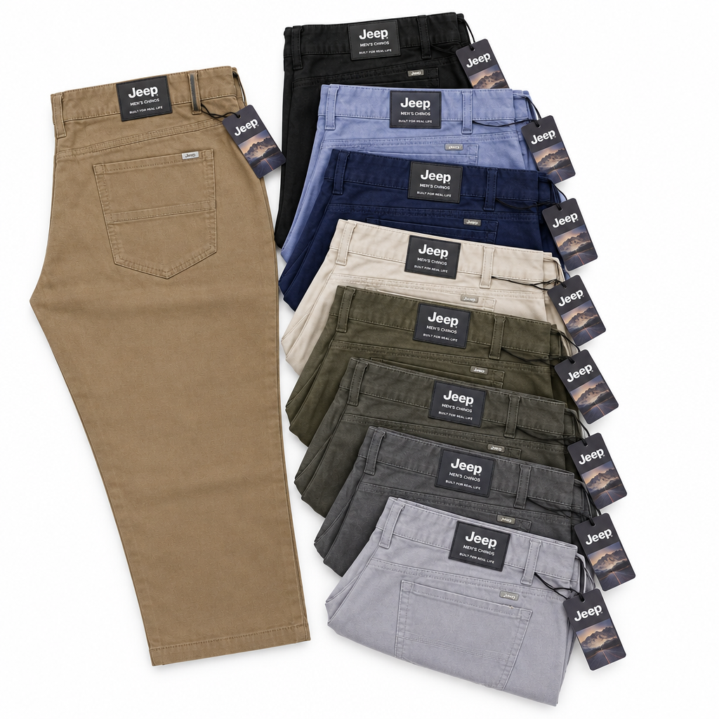 Jeep chinos in nine colours arranged together on a white background