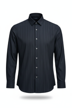 Men's dark navy striped long sleeve button shirt - white background