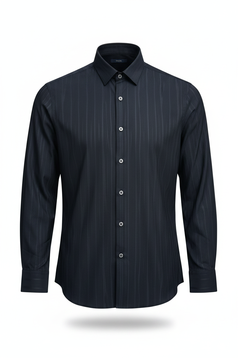 Men's dark navy striped long sleeve button shirt - white background