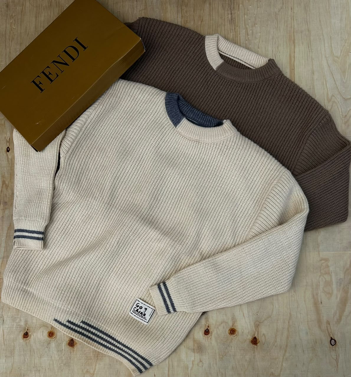 Original photo of cream and taupe crew-neck knit sweaters