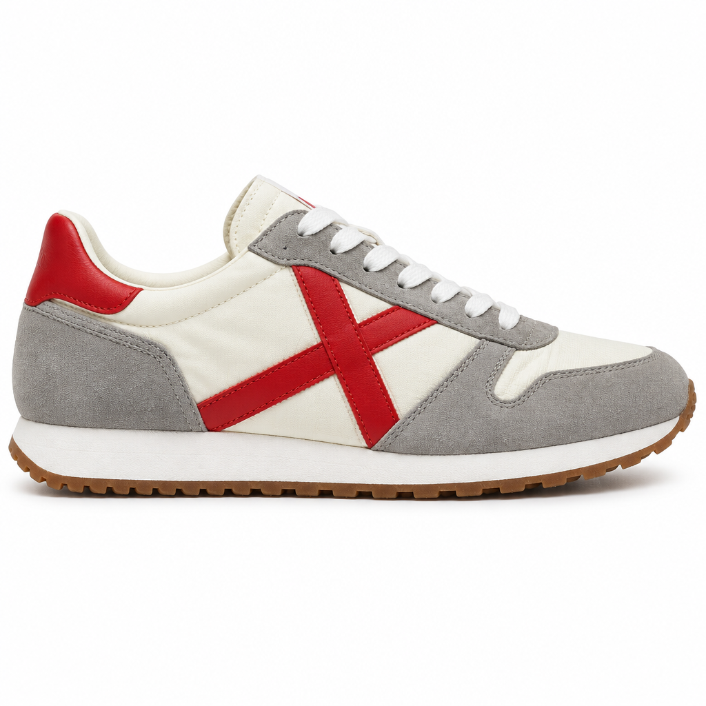 Retro Cross-Stripe Sneaker grey cream white background studio shot
