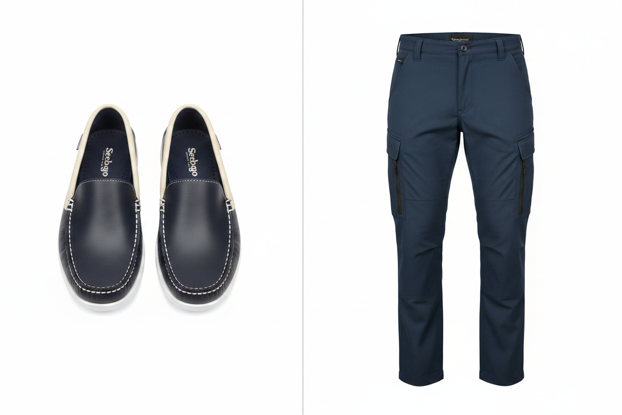 Navy Blue & Cream Sebago Loafer and Navy Cargo Pants combo — full length side by side