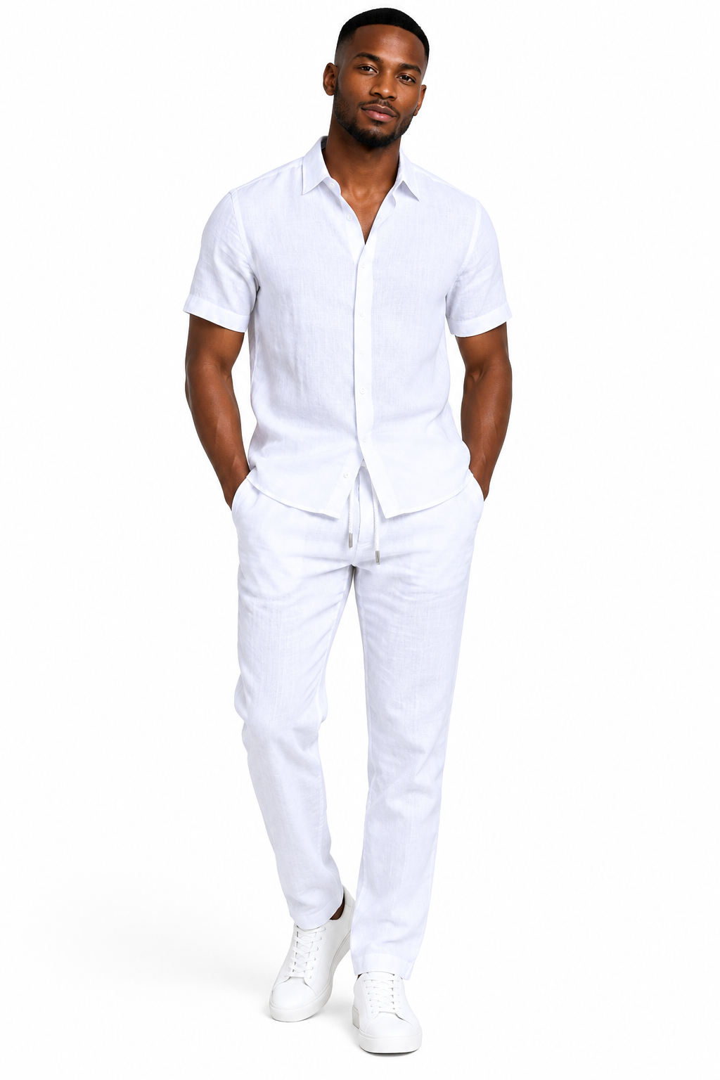 Men's White Linen 2-Piece Set - Lifestyle