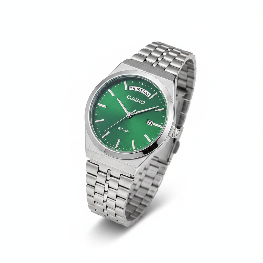 Casio Green Dial Stainless Steel Watch - White Background