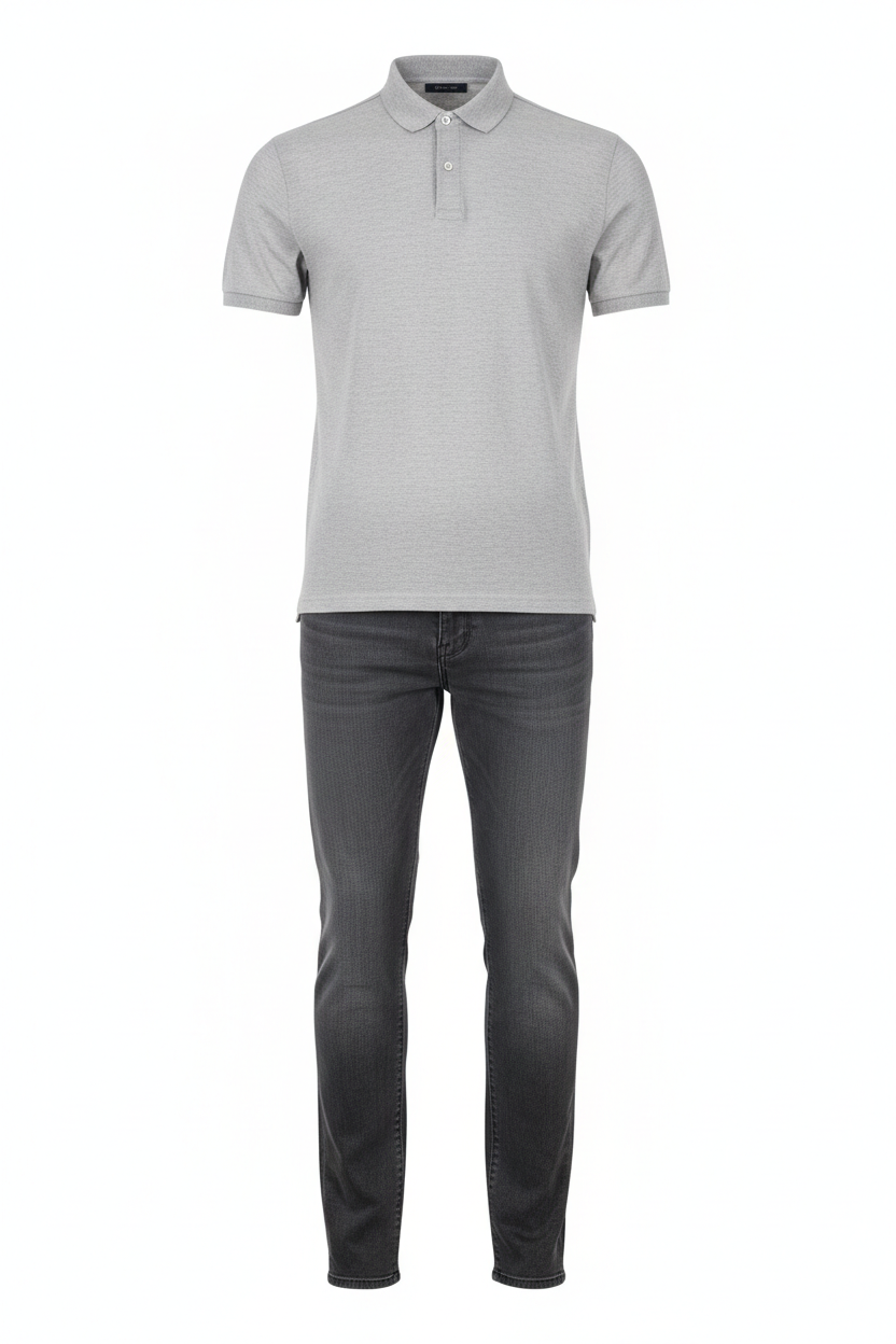 Grey shirt and charcoal grey jeans outfit combo