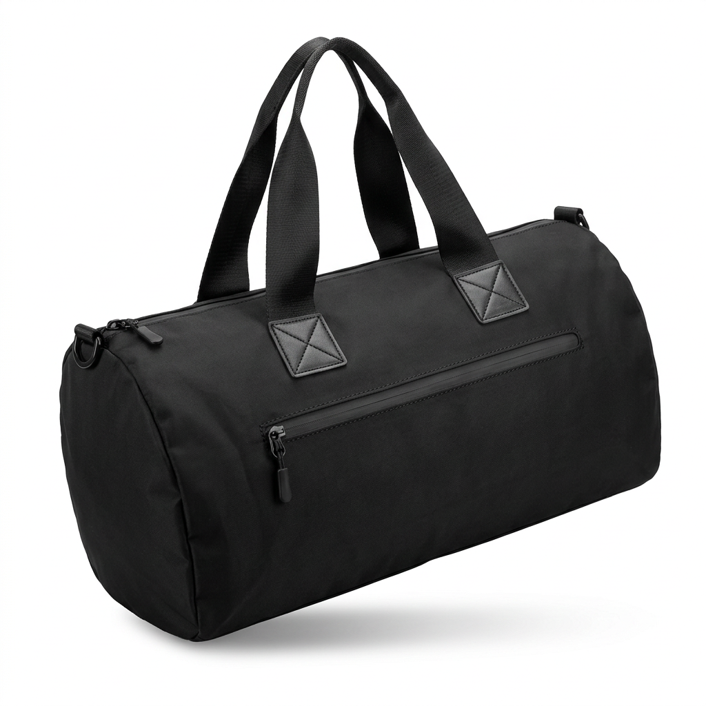 Black travel duffle bag with front zip pocket on white background