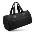 Black travel duffle bag with front zip pocket on white background