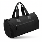 Black travel duffle bag with front zip pocket on white background