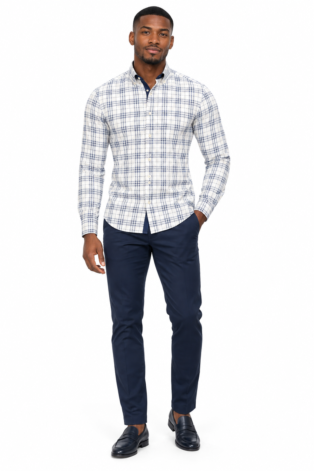 X-Factor White Navy Plaid Formal Shirt lifestyle
