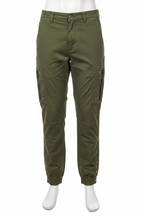 Men's army green cargo pants on mannequin - white background
