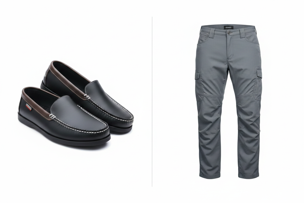 Two-Tone Black & Brown Sebago Loafers and Grey Cargo Pants combo — full length side by side