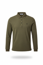 Everyday full length olive polo shirt white background