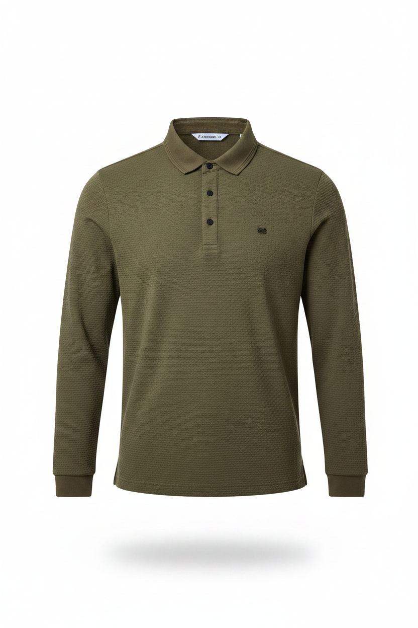 Everyday full length olive polo shirt white background
