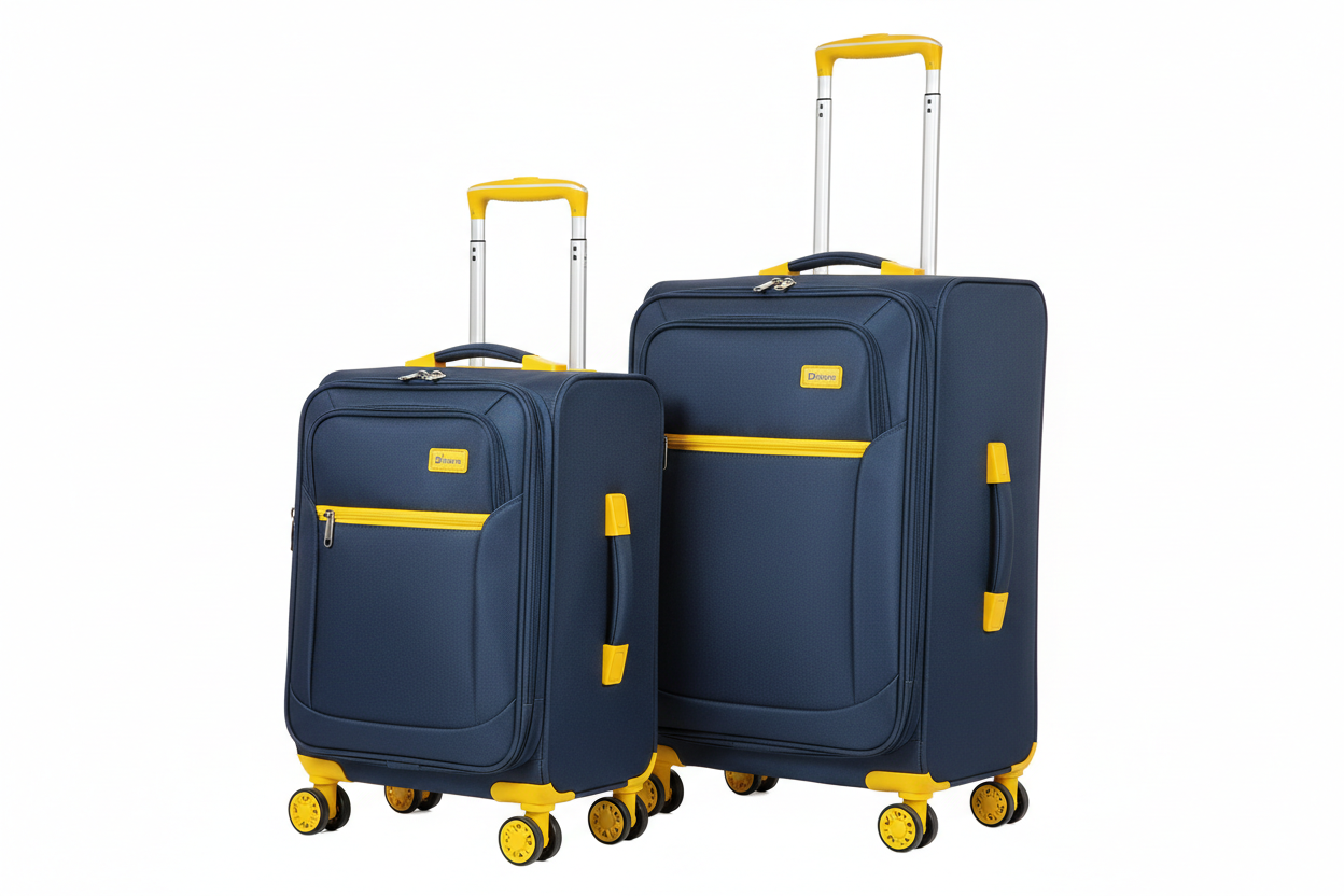 2pc Dfavors navy blue soft-shell trolley suitcase set medium and large with yellow accents on white background