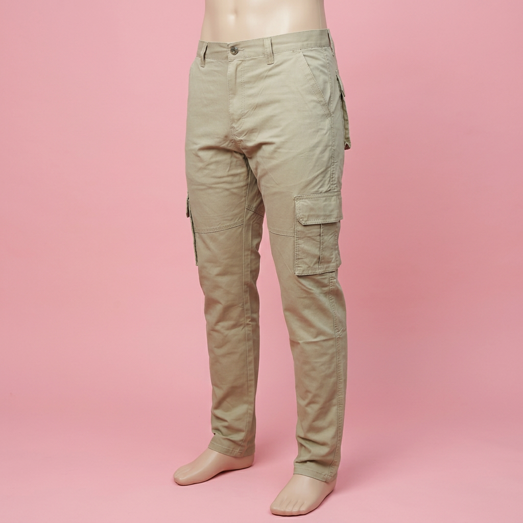 Khaki cargo pants on a mannequin against a soft pink background