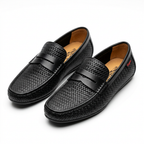 Black woven-texture penny loafers on white background