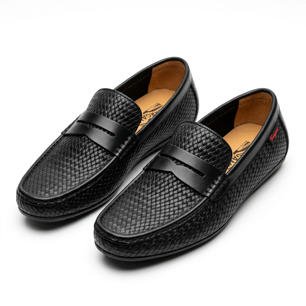Black woven-texture penny loafers on white background