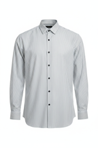 Men's white striped long sleeve button shirt - white background