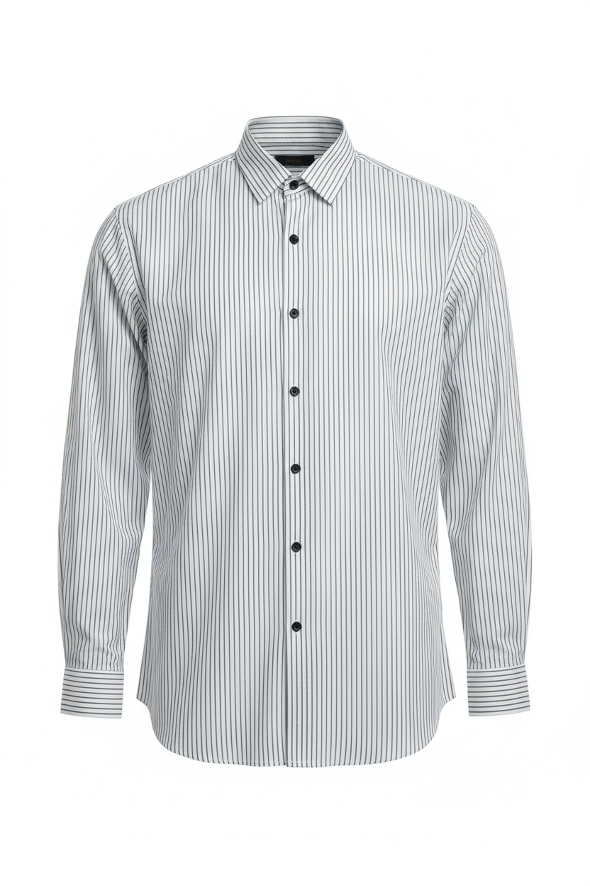 Men's white striped long sleeve button shirt - white background