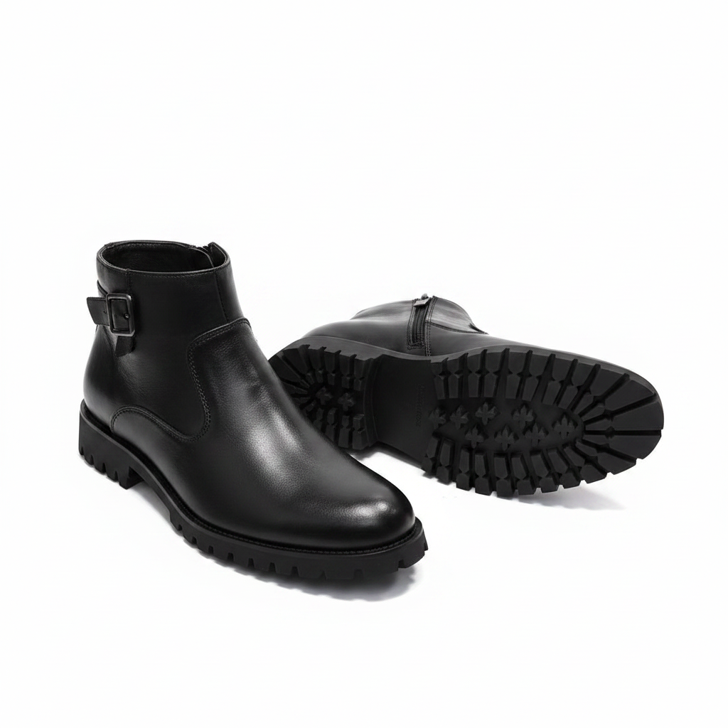 Men's Black Smooth Leather Zip Boots – white background