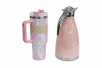 Pink marble Stanley Cup tumbler and pink vacuum flask combo white background