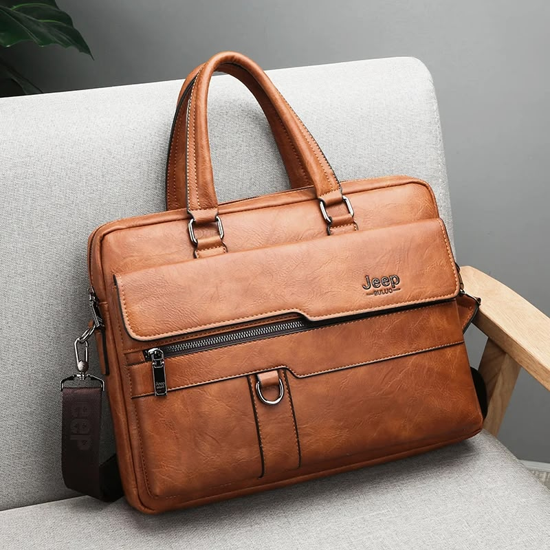 Original brown briefcase shoulder bag with twin handles and front zip pocket