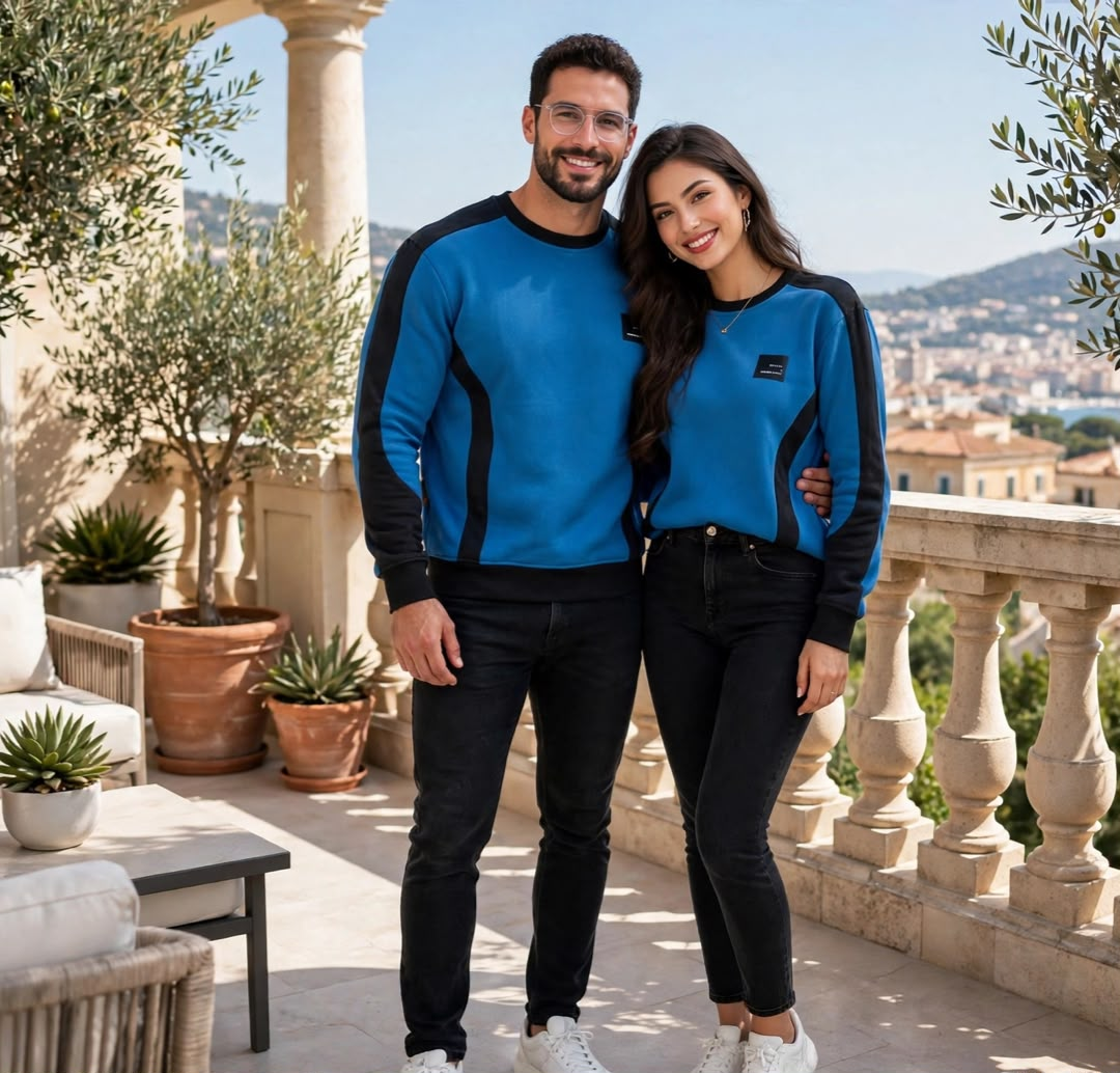 Couple wearing matching blue and black colour-block sweatshirts