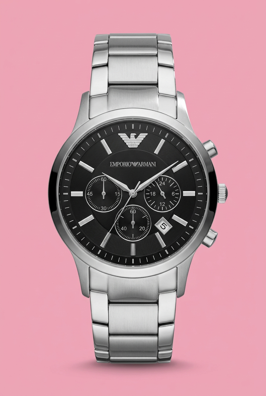 Silver-tone bracelet watch with black multi-subdial face on soft pink background