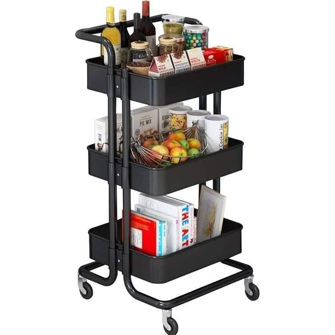 3-Tier Rolling Utility Cart with Handle – Black Metal