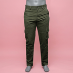 Army green cargo pants on a mannequin against a soft pink background