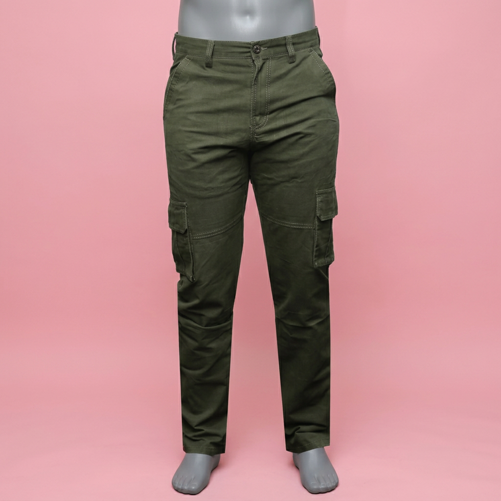 Army green cargo pants on a mannequin against a soft pink background