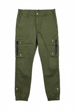Men's army green cargo pants - white background studio shot