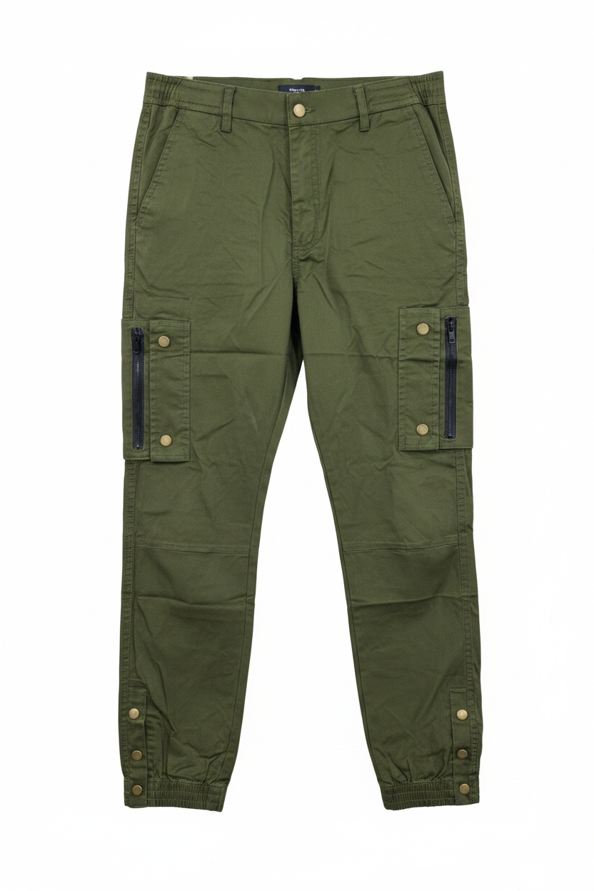 Men's army green cargo pants - white background studio shot