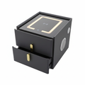 Smart bedside table with LED lights and Bluetooth speakers on white background