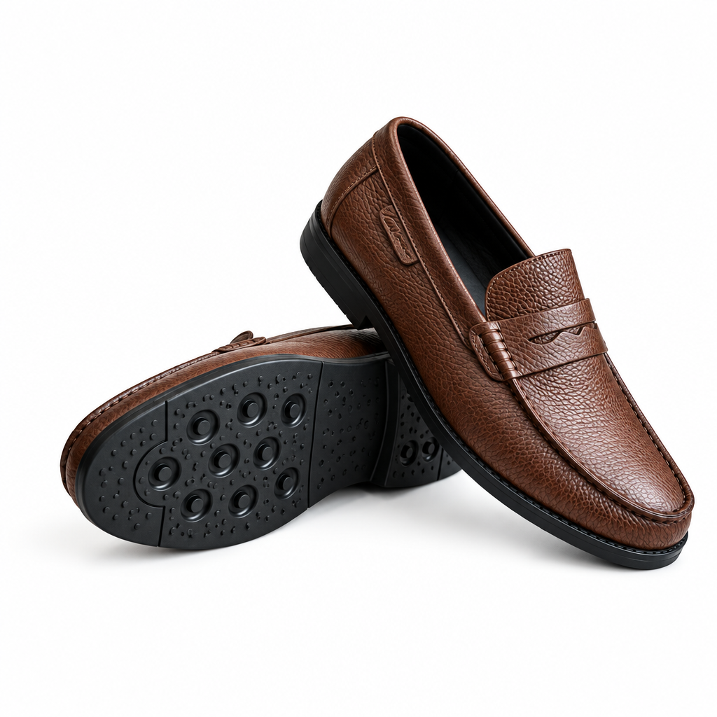 Men's Brown Leather Penny Loafers - White Background