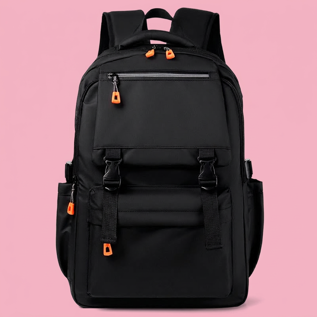 Black multi-pocket backpack with orange zipper pulls on soft pink background