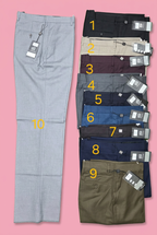 Men's trousers in ten numbered colour choices on soft pink background