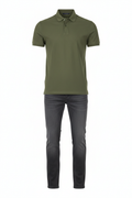 Olive shirt and charcoal grey jeans outfit combo