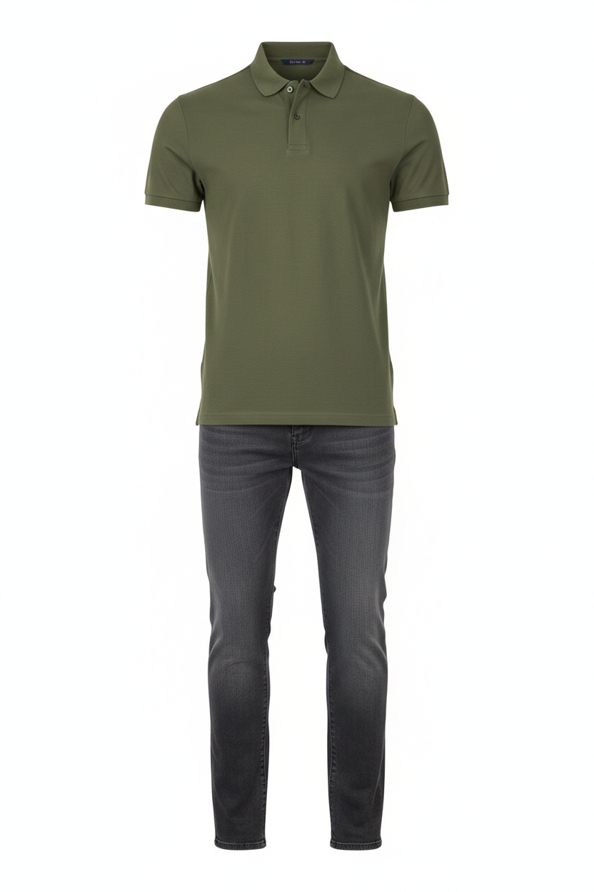 Olive shirt and charcoal grey jeans outfit combo
