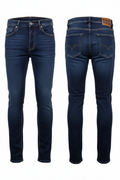 Men's navy blue denim jeans full body white background