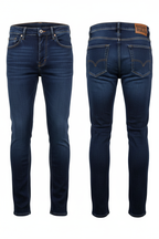 Men's navy blue denim jeans full body white background