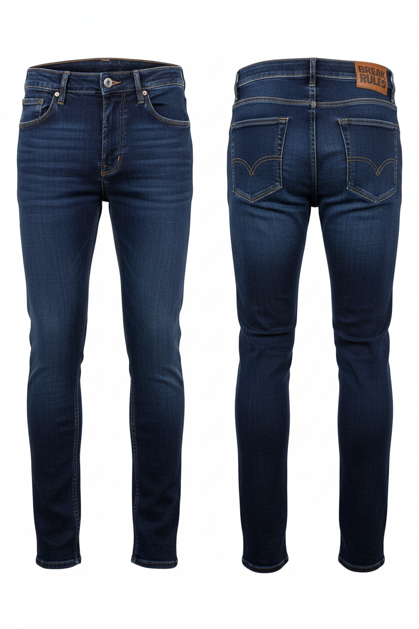 Men's navy blue denim jeans full body white background