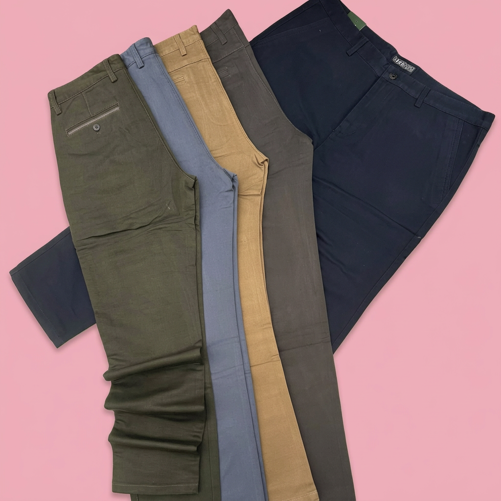 Five colours of men's chino trousers on soft pink background